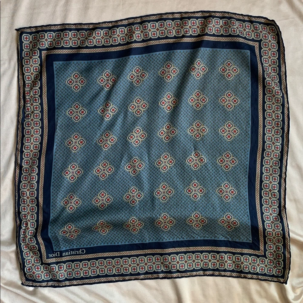Vintage Christian Dior Silk Geometric Print Scarf | Blue Dior Silk Scarf